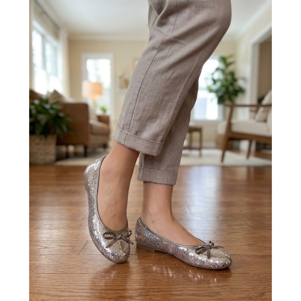 Charles Albert Womens Rose Gold Sequin Ballet Flats Metallic Bow Detail Size 10